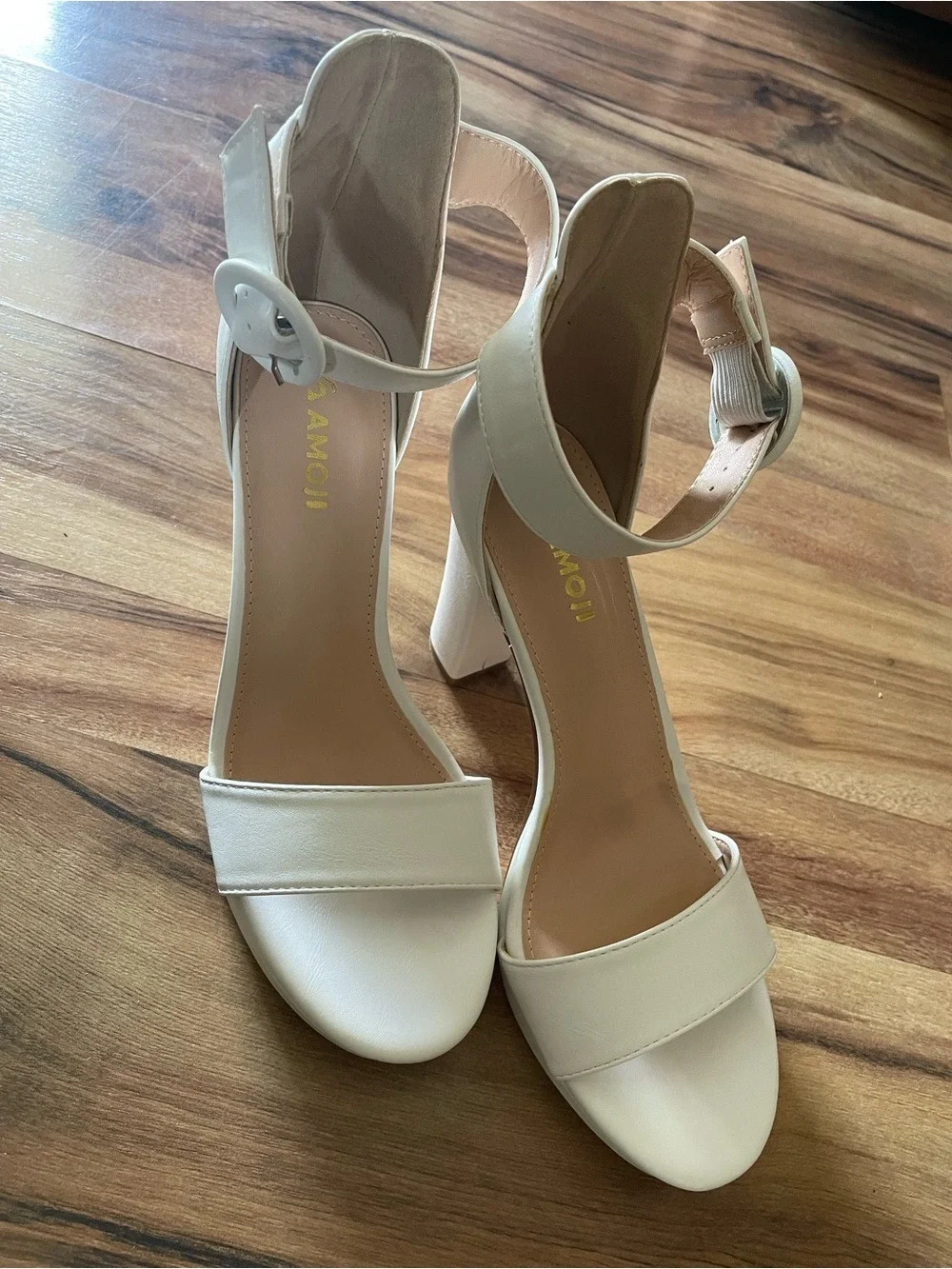 White Block Heel Ankle-Strap Sandals